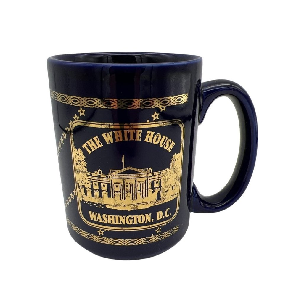 Washington DC Souvenir Coffee Mug The Capitol & White House Blue w/ Gold Trim